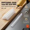 Professional-grade 11mm clear hot glue rods shown next to a glue gun and wood surface.