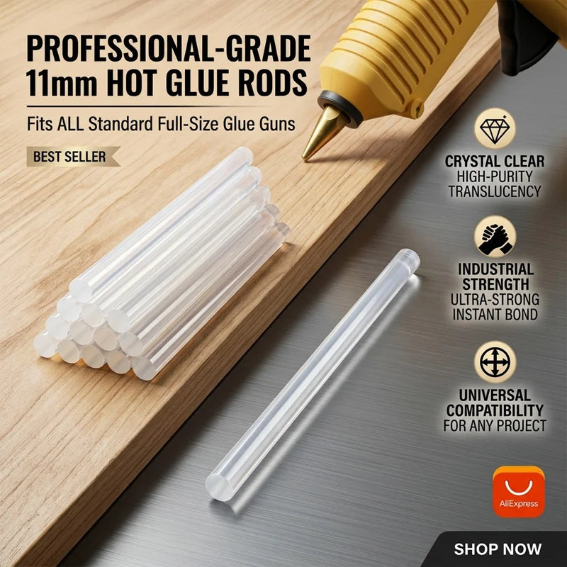 Professional-grade 11mm clear hot glue rods shown next to a glue gun and wood surface.