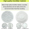 White microfiber mop pads showing various textures including scrubbing strips, absorbent fibers, mesh lining, and upgraded ma