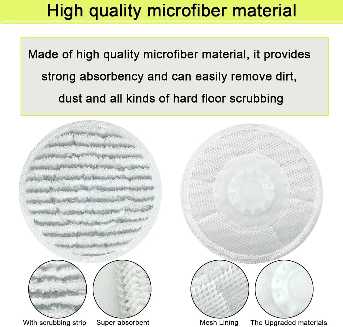 White microfiber mop pads showing various textures including scrubbing strips, absorbent fibers, mesh lining, and upgraded ma