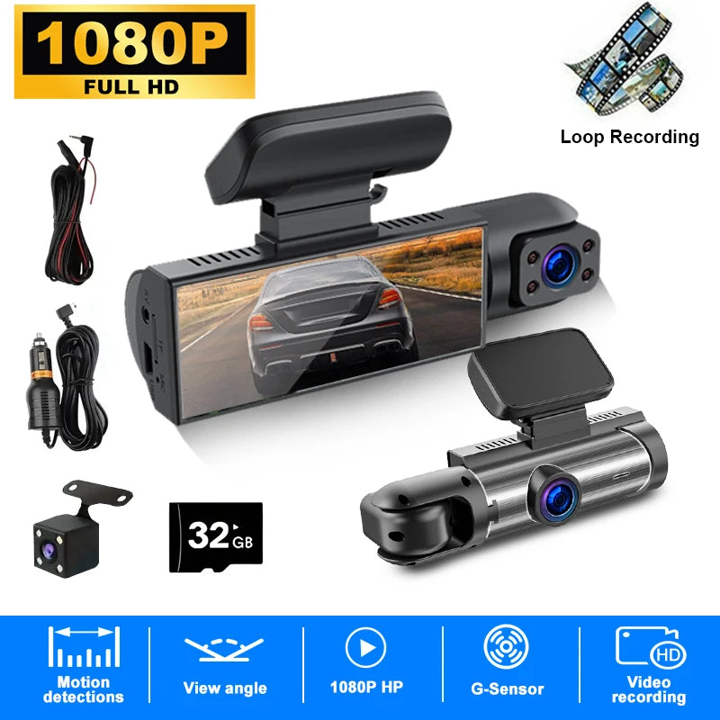 A black 1080P dash cam device with a clip, showing various features like loop recording and motion detection.