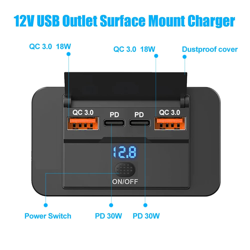 96W 4-Port USB Car Charger with Dual PD & Dual QC 3.0