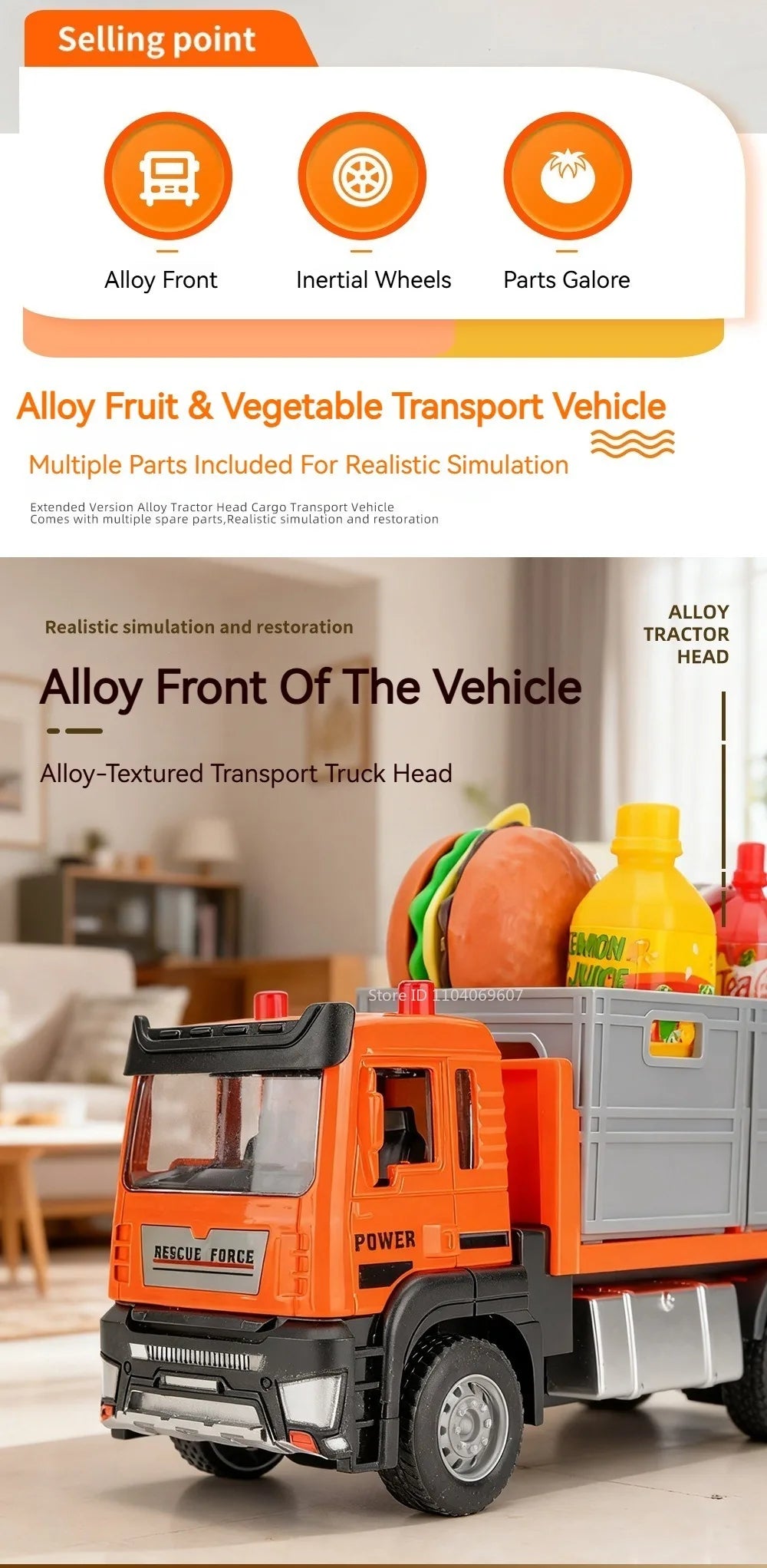 Orange and gray diecast model of an Alloy Fruit & Vegetable Transport Vehicle truck