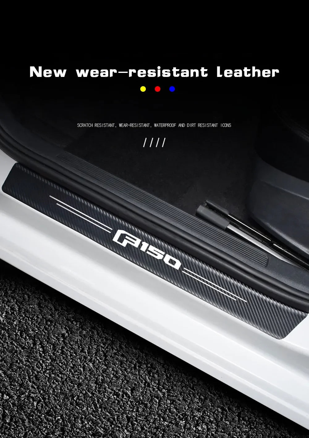 Close-up of a black wear-resistant leather door sill protector installed on a white vehicle frame.