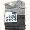 A stack of gray microfiber cleaning cloths in a 10 pack