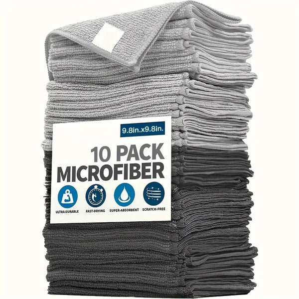 A stack of gray microfiber cleaning cloths in a 10 pack