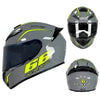 A black and yellow Gike retro full face motorcycle helmet shown in multiple angles.