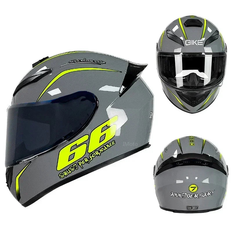 A black and yellow Gike retro full face motorcycle helmet shown in multiple angles.
