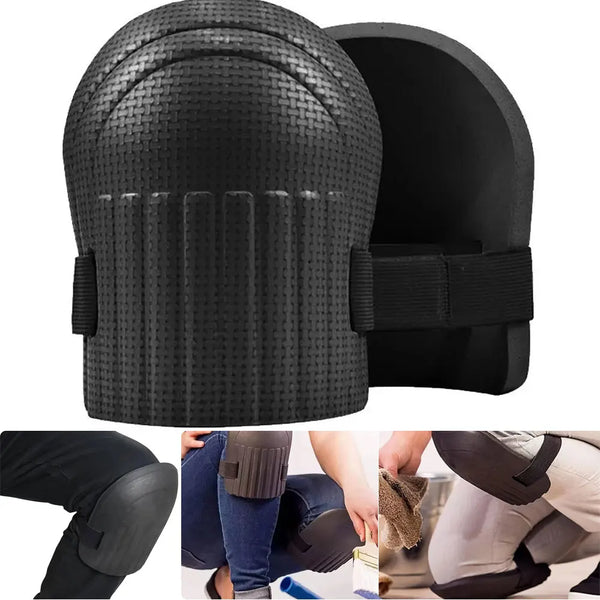 Black EVA foam knee pads shown in various angles for work and gardening use