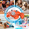 An orange crab bubble blower toy is shown with children playing in an outdoor pool setting.