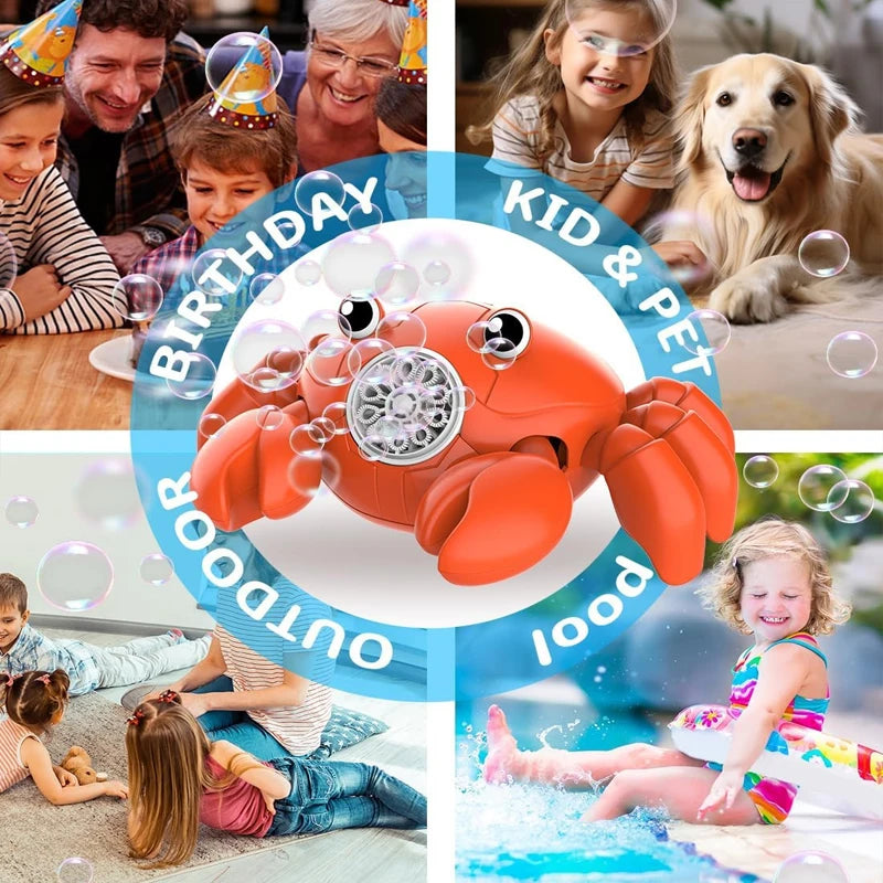 An orange crab bubble blower toy is shown with children playing in an outdoor pool setting.