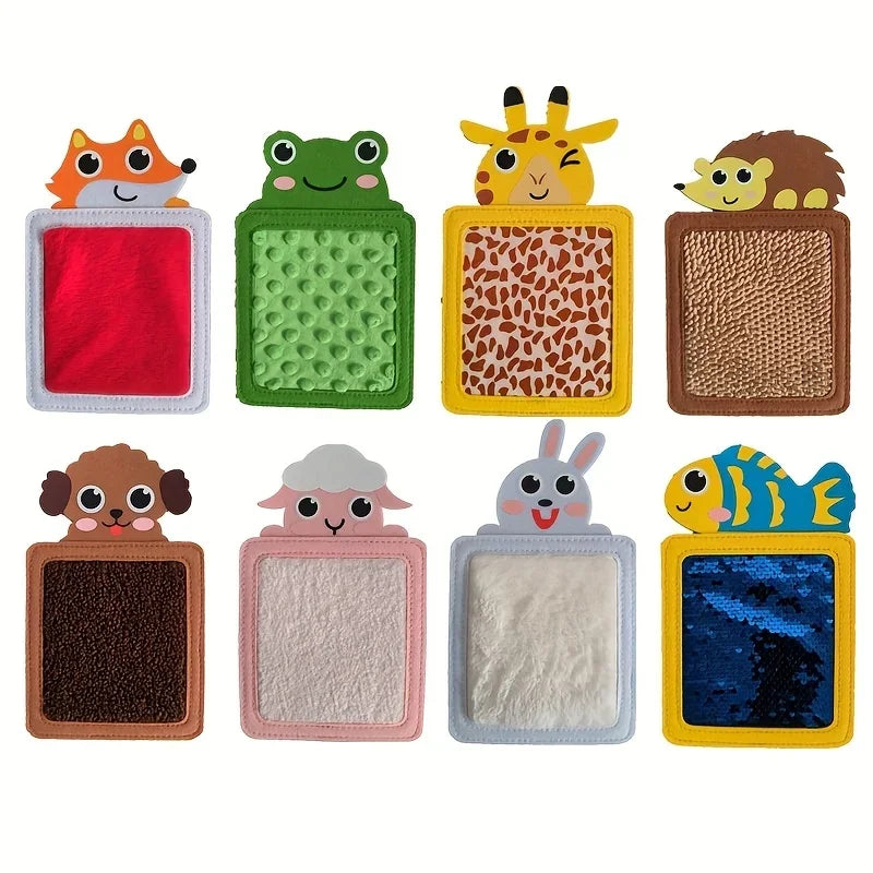 Eight felt boards featuring various animal faces and textures for sensory play
