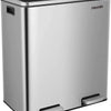 A stainless steel dual compartment recycling trash can with a soft-close lid.