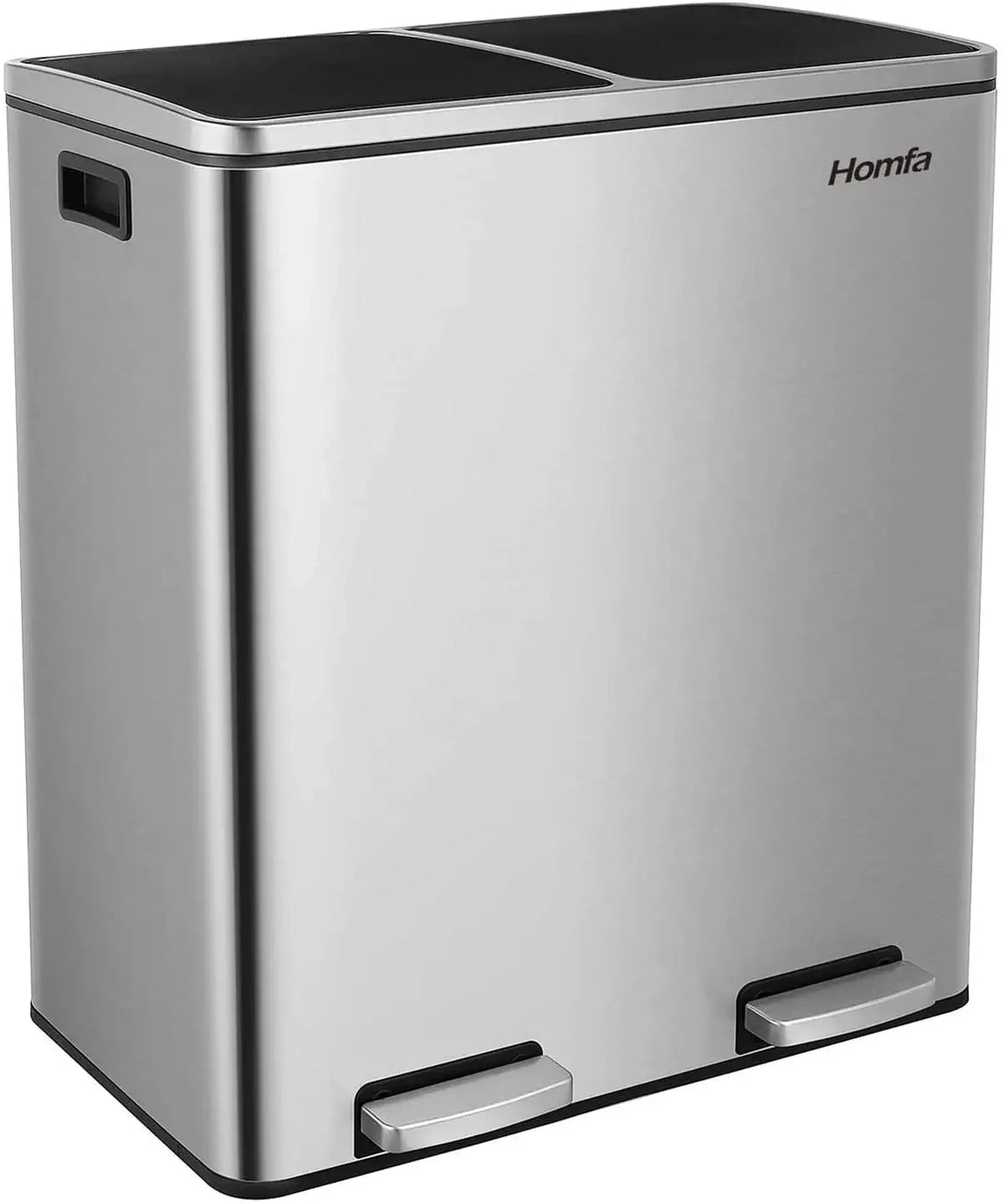 A stainless steel dual compartment recycling trash can with a soft-close lid.