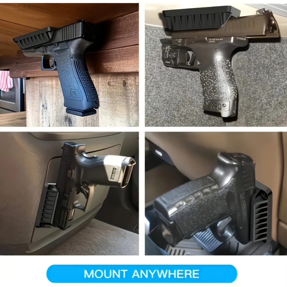 A black handgun is shown mounted in a quick-attach holder designed for vehicle or home use.