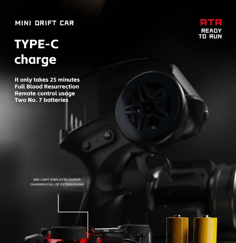 A black mini drift car is shown with a Type-C charging port and battery components.