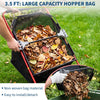 A hand is holding a black hopper bag filled with dry leaves, demonstrating the large capacity of a 3.5 ft lawn sweeper access