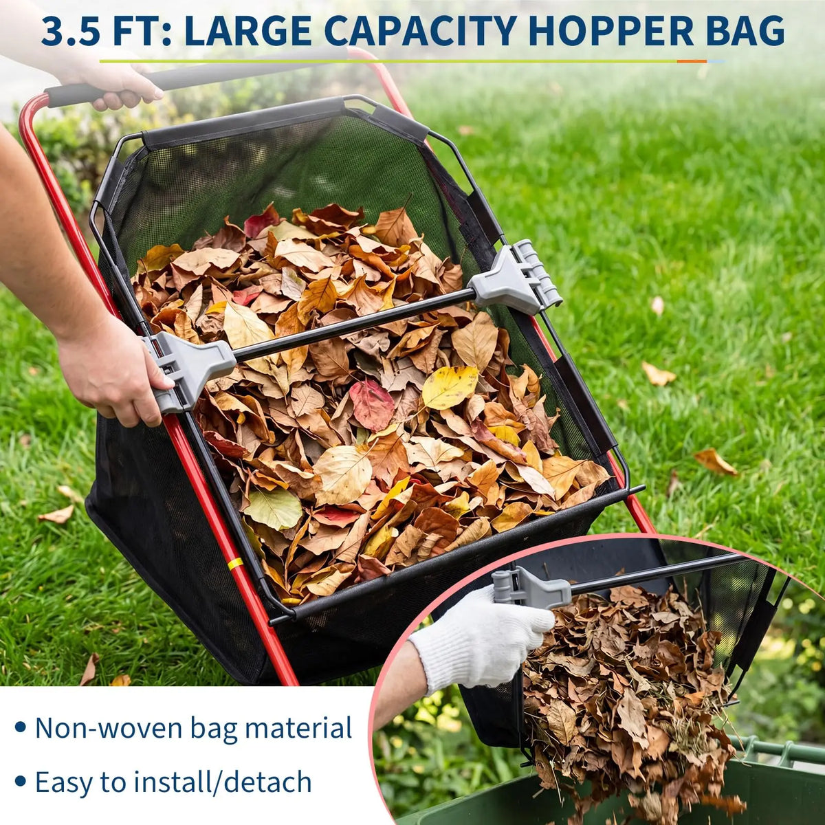 A hand is holding a black hopper bag filled with dry leaves, demonstrating the large capacity of a 3.5 ft lawn sweeper access
