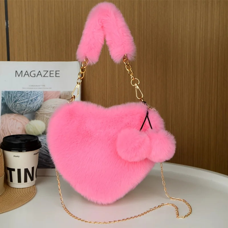 Faux Fur Heart Purse with Chain Strap