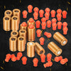 A collection of reusable toy gun shells and darts in orange and copper colors.