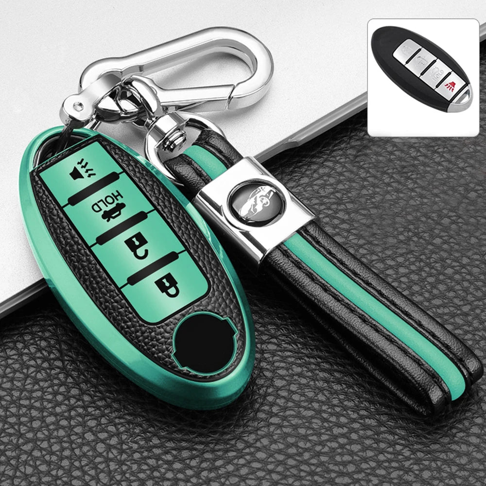 A green TPU key fob cover with a silver clip and black strap is shown on a dark surface.