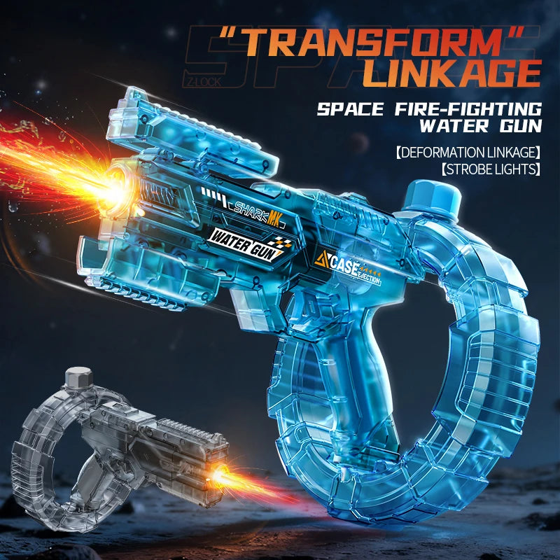 A blue LED light-up electric water gun with a large tank and a circular grip is shown firing a stream of light.