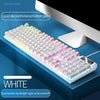 White mechanical keyboard with liquid silicone bottom plate and RGB lighting displayed on a blue surface.