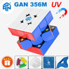 A GAN 356M UV speed cube shown in a box, featuring magnetic and non-magnetic options.