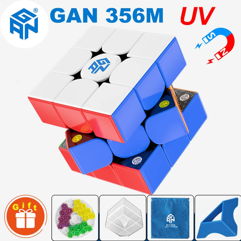 A GAN 356M UV speed cube shown in a box, featuring magnetic and non-magnetic options.