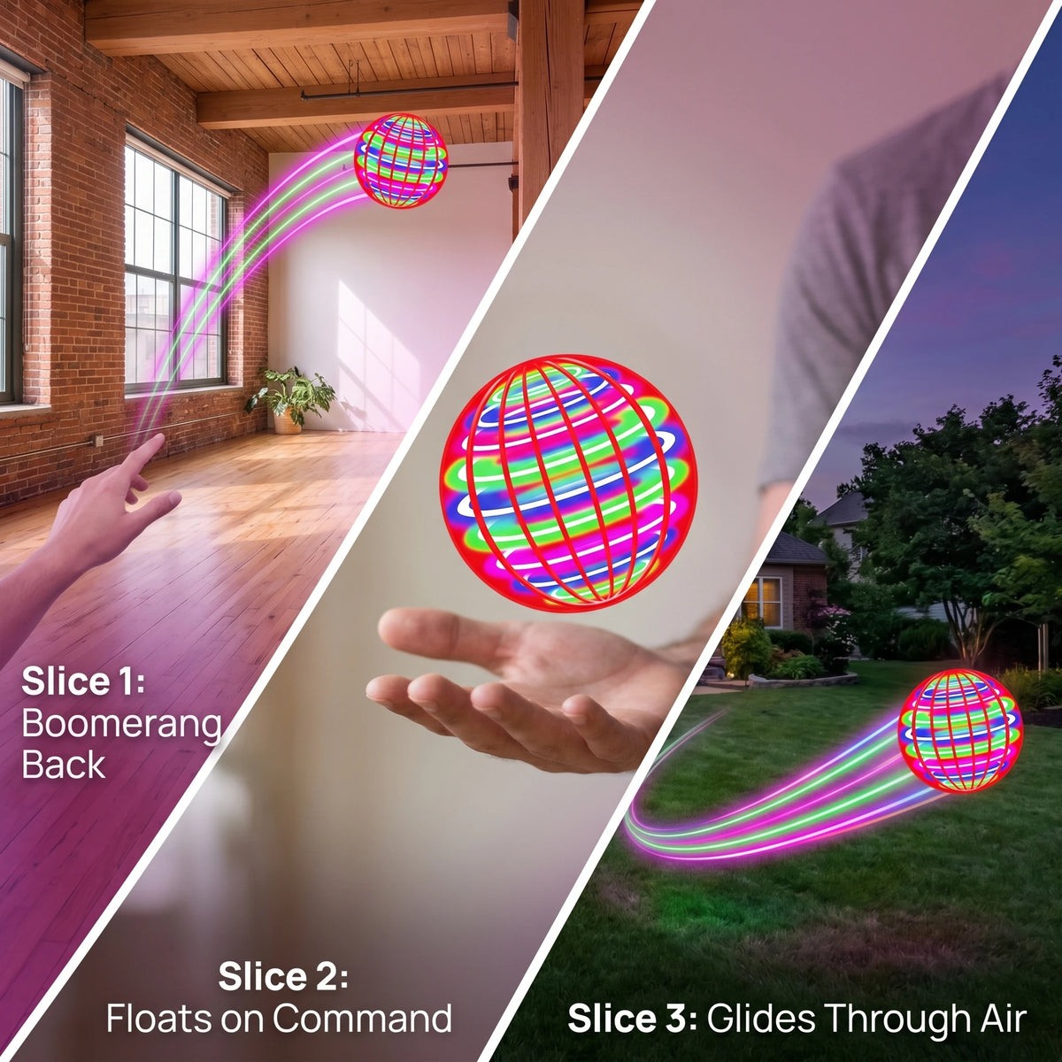 Three slices demonstrating a glowing flying orb with 360° spin: boomerang back, floats on command, and glides through air.