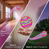 Three slices show a hand controlling an LED flying ball that boomerangs, floats on command, and glides through the air.