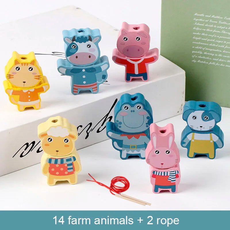 Wooden Lacing Beads Set for Kids with Animal, Fruit, Letter & Number Shapes