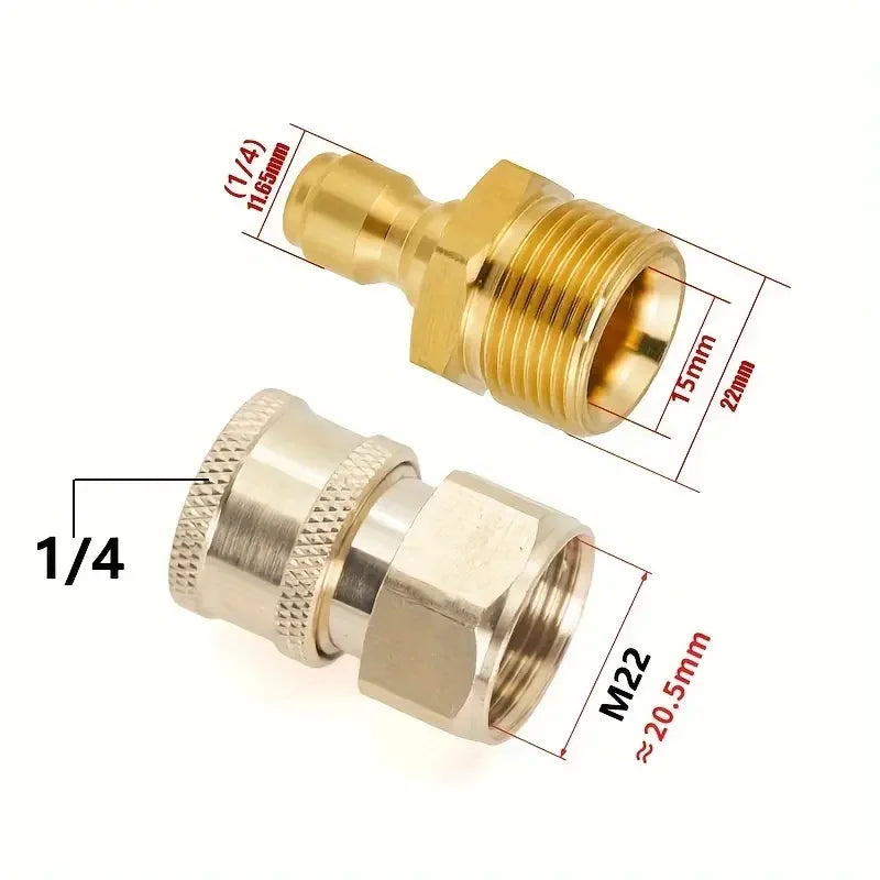 Brass pressure washer adapter kit with M22 thread and quick connect fitting