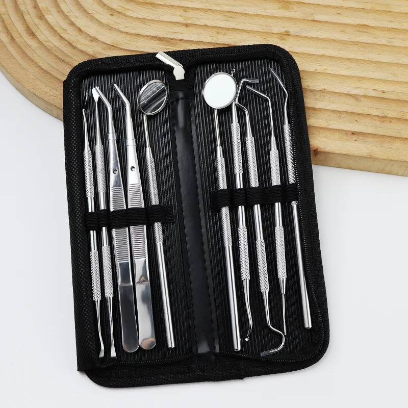 A black case holding a set of premium stainless steel dental care tools for oral hygiene.