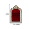 An arched resin jewelry display stand with a hand-painted floral design featuring a deep red velvet lining.