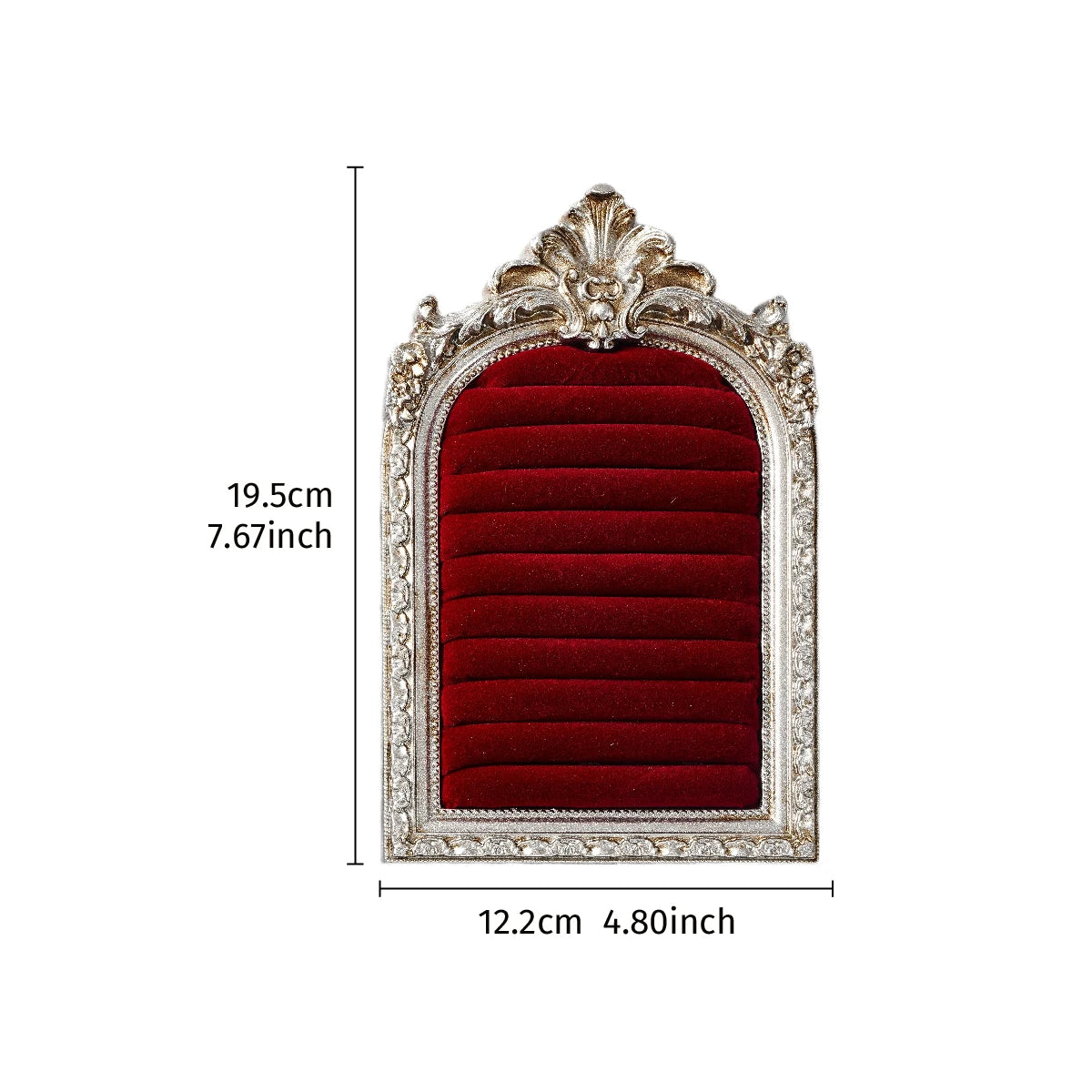 An arched resin jewelry display stand with a hand-painted floral design featuring a deep red velvet lining.