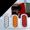Close-up view of a 6-inch oval LED trailer tail light with a dynamic amber arrow turn signal.