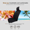 Black breathable and comfortable car seat cover set shown with seasonal foliage and a tropical beach background