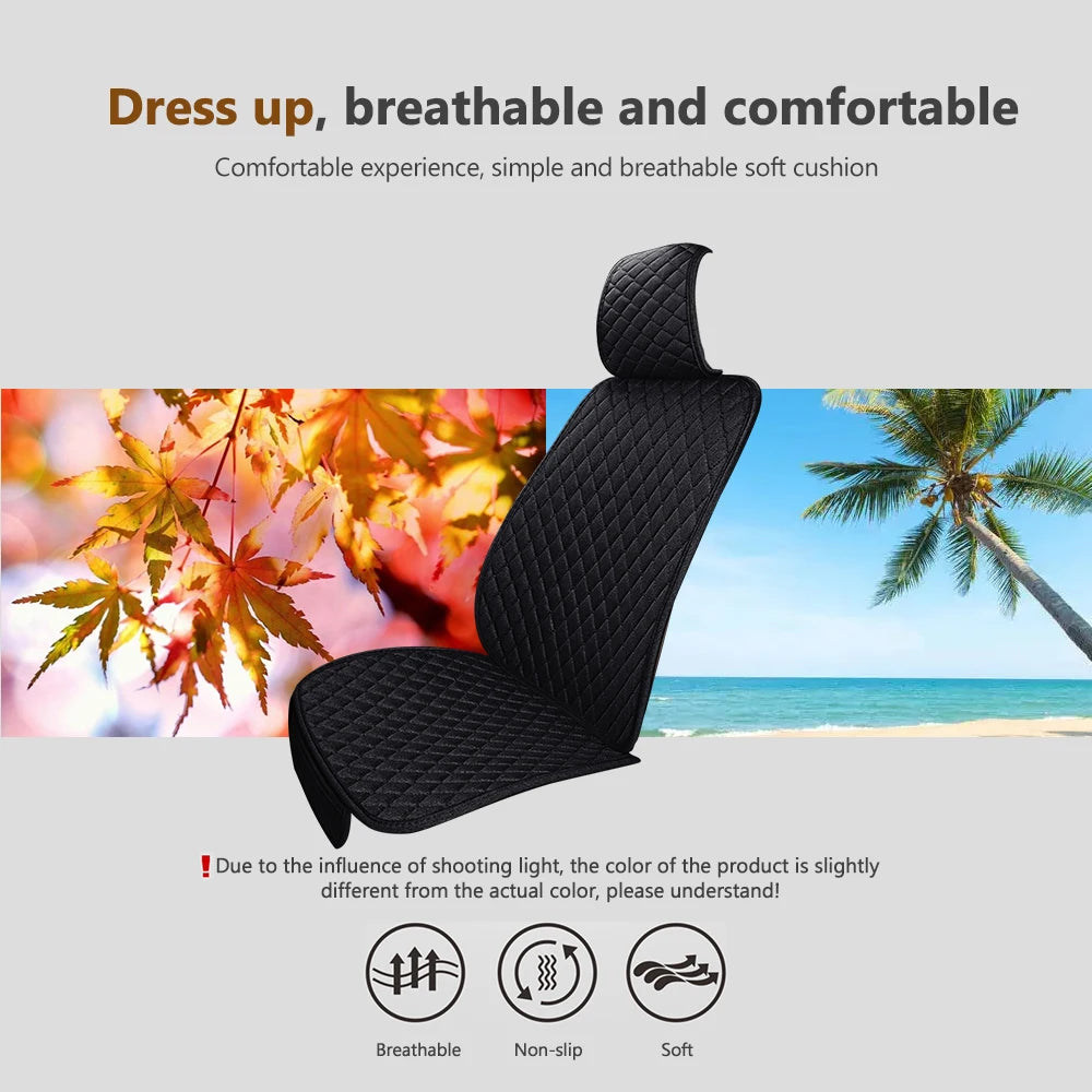 Black breathable and comfortable car seat cover set shown with seasonal foliage and a tropical beach background