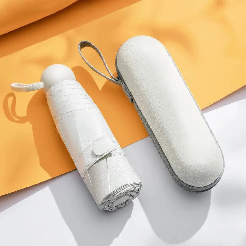 A white compact 5-fold travel umbrella with a protective sleeve is shown against an orange background.