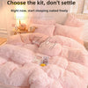 A pink plush mink velvet duvet cover set is displayed on a bed, emphasizing a cozy and luxurious sleeping experience.