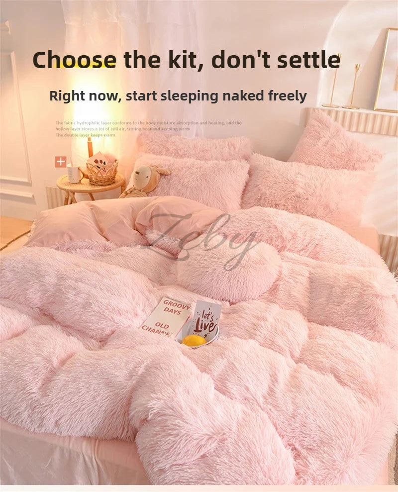 A pink plush mink velvet duvet cover set is displayed on a bed, emphasizing a cozy and luxurious sleeping experience.