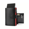 Schwarzes Leder-Pop-up-Wallet mit RFID-Schutz und Metall-Kartenhalter.