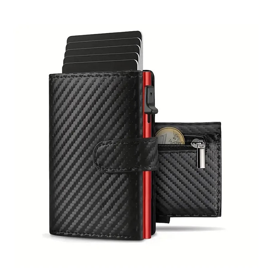 Schwarzes Leder-Pop-up-Wallet mit RFID-Schutz und Metall-Kartenhalter.
