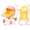 A pink and yellow fashion doll accessory set featuring a stroller and a wooden chair.