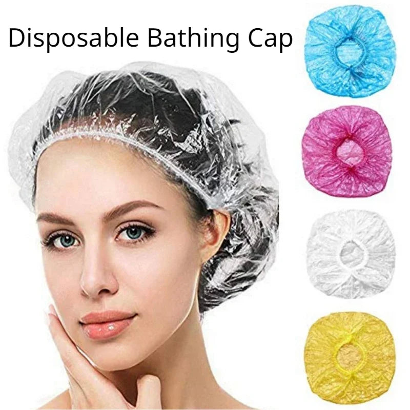 A woman is shown wearing a disposable clear plastic bathing cap with various colored options displayed nearby.