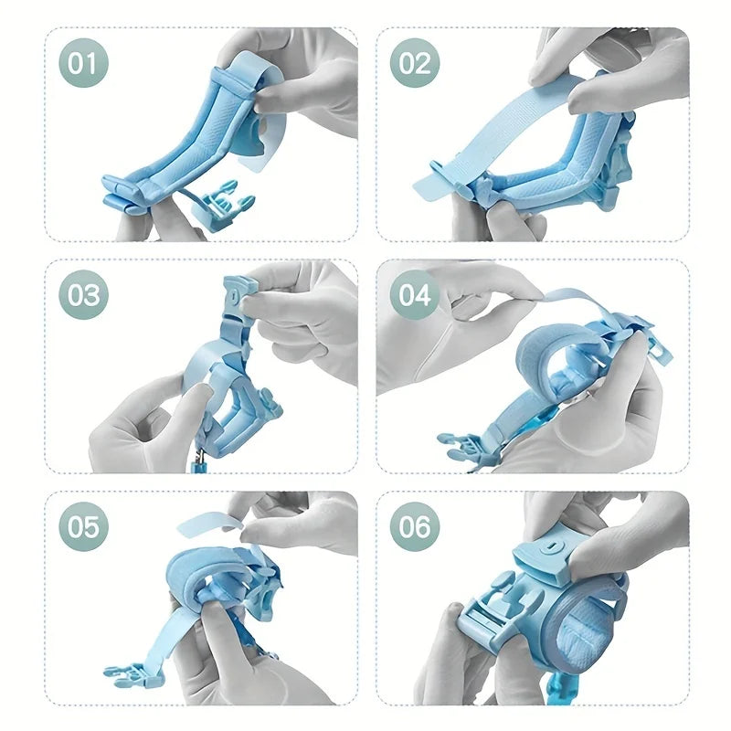 Six steps showing how to put on an anti-lost wrist link strap for toddlers