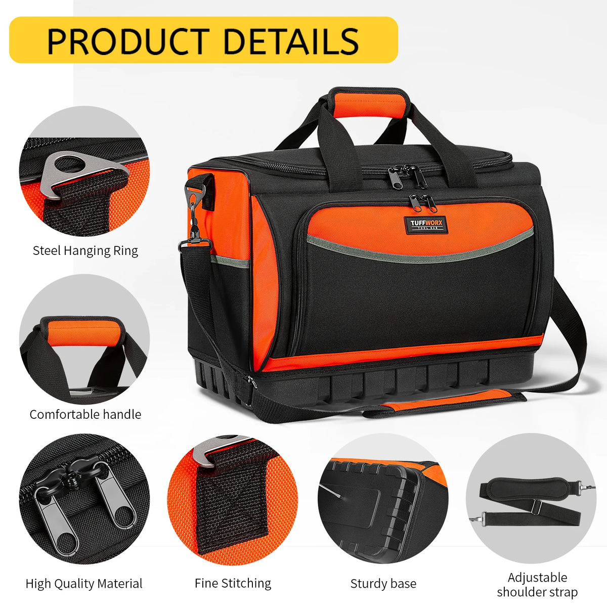 Black and orange heavy-duty tool bag with a handle, featuring a sturdy base, fine stitching, and adjustable shoulder strap.