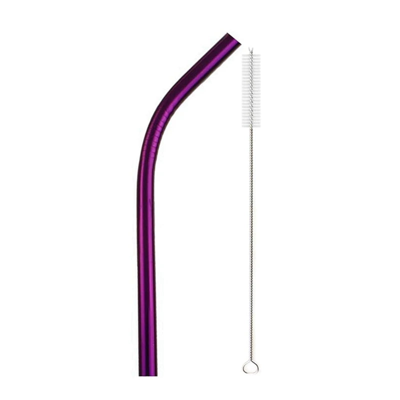 A purple reusable 304 stainless steel drinking straw with a cleaning brush.