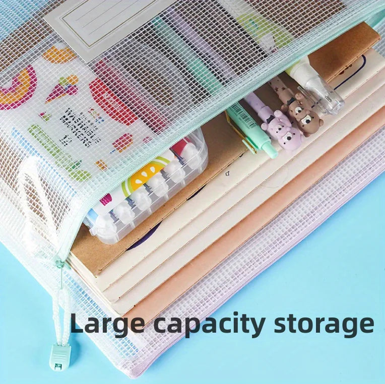 A set of ten A4 mesh zipper bags used for classroom and craft organization storage.